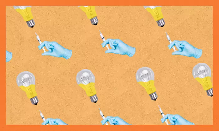 Series of gloved hands injecting lightbulbs against orange background to signify nurses with an MSN degree.