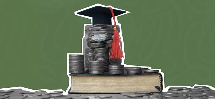 A stack of coins on top of a book with a graduation cap at the top, all to signify budgeting for college