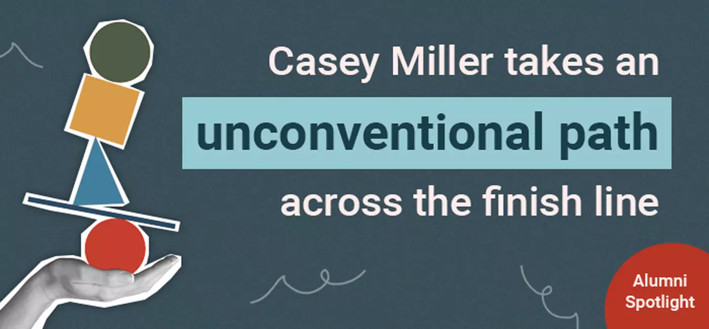 Text: Casey Miller takes an unconventional path across the finish line