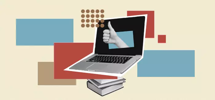 A collage with books and a laptop with a thumbs up to signify a systems administrator