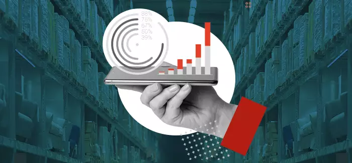 A hand holding a small platform the size of a smartphone with data graphics projected on top of it to signify data warehouse