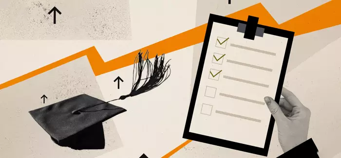 A graduation cap next to a checklist to represent recent college graduate resume and template