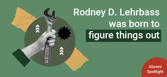 Illustration of a hand holding a wrench to denoate how UOPX alumnus Rodney D. Lehrbass was born to figure things out