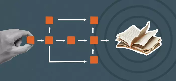 A hand moving blocks towards an open book to signify 'what does scholarship mean'