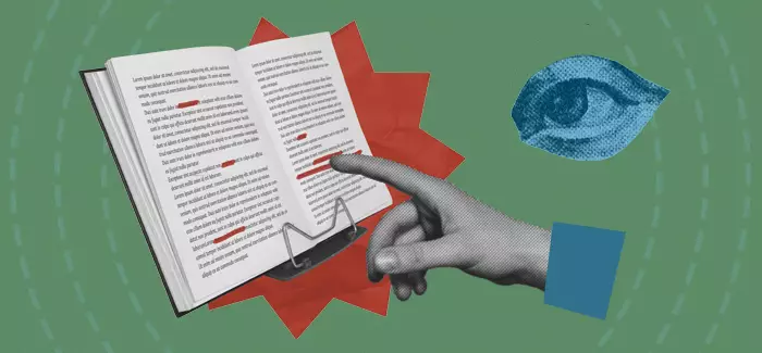 A finger pointing at an open book's lines while an eye overlooks to signify a large language model