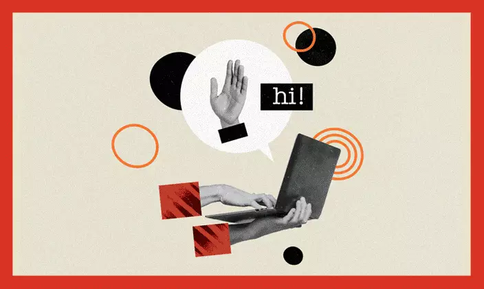 one hand typing while other hand waves hello  to signify computer science skills.