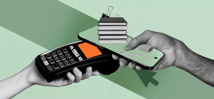 A phone hovering over a payment device to indicate how to save money