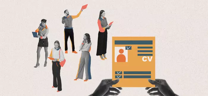 A woman holding a resume/CV and looking at a variety of job applicants to signify how to hire employees for a startup