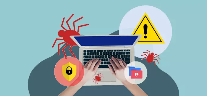 Hands on a laptop computer surrounded by illustrations of bugs and warning signs to call out cybersecurity threats 