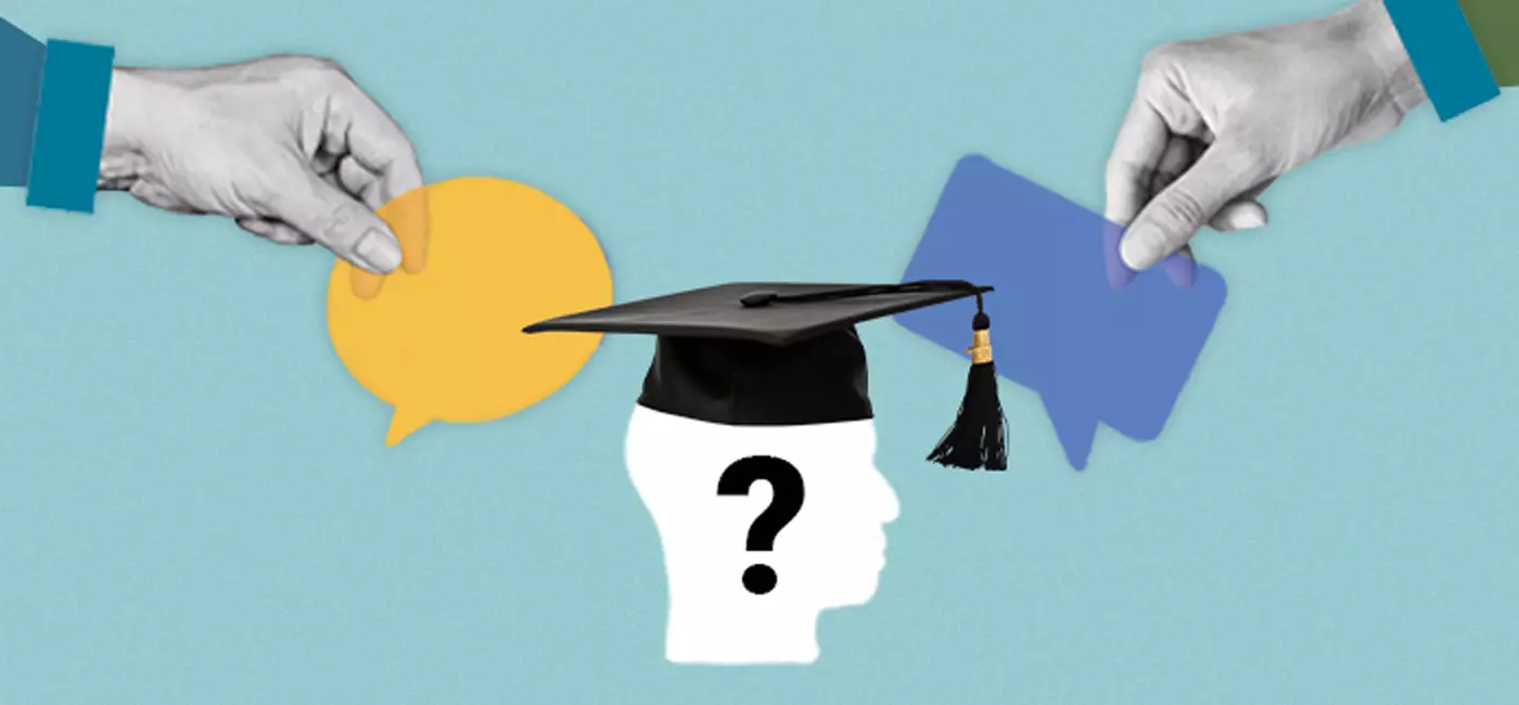 An illustration showing a person wearing graduation cap being asked questions signifies the oral defense