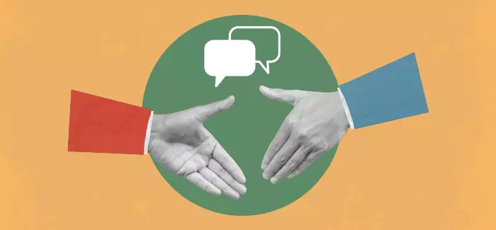 Two hands shaking with speech bubbles in the background as two forms of corporate communications
