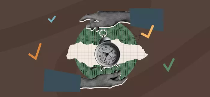 Hands surrounding a clock with check marks in the background to signify productivity hacks