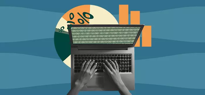 Two hands on a laptop data wrangling with code on the screen and data icons in the background