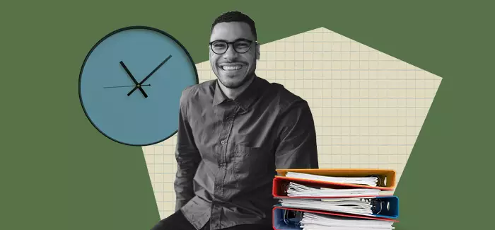 HR professional pictured with an illustrated clock and binders