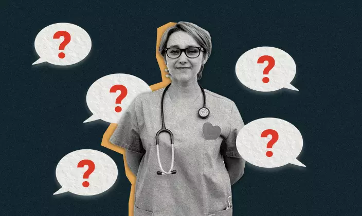 Healthcare worker surrounded by speech bubbles with question marks inside them to signify healthcare interview questions and answers