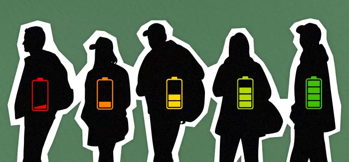 Illustration of silhouettes of online students each with a battery denoting different charge levels