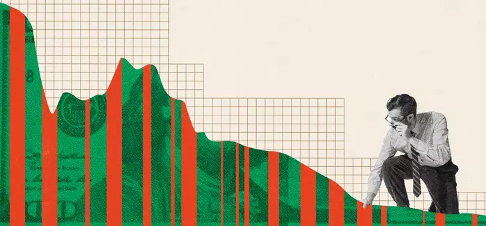 A business man observing a hill of money and graphs overlapped to signify an investment analyst