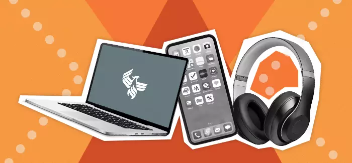 A laptop, smartphone, and headphones to signify study tools