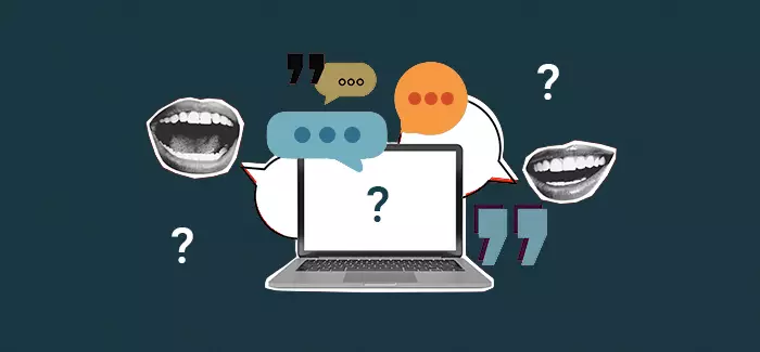 A collage style photo of a laptop surrounded by ellipses, an open mouth and question marks to signify plagiarism