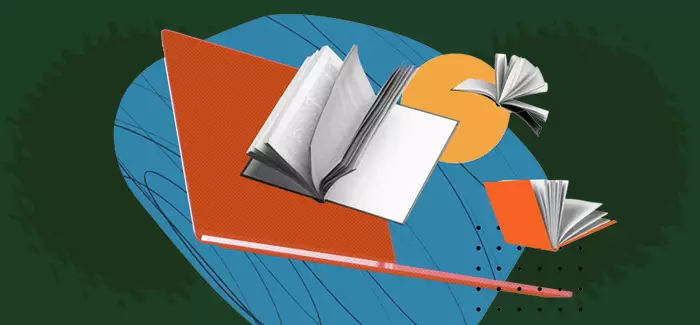 A notebook, pencil and text books flying through the air to signify  teaching online in a virtual classroom