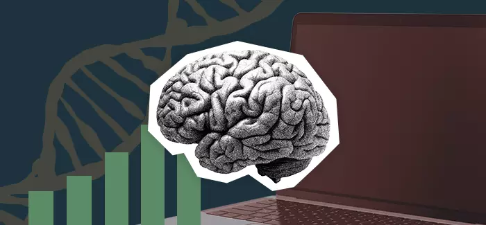 A brain shown with a bar chart, laptop and DNA helix to indicate data in healthcare