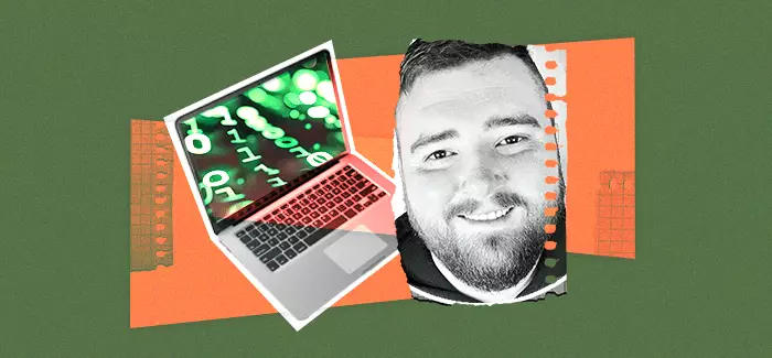 Stylized collage of UOPX alumni spotlight, Dustin Guichet, with a laptop next to him
