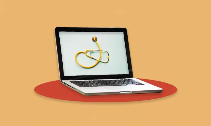 A laptop with a stethoscope on the screen to represent health information technology