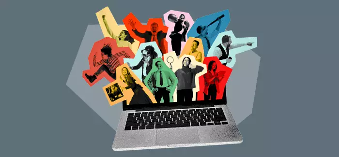 A laptop with business people jumping out of the screen to signify workplace communication styles