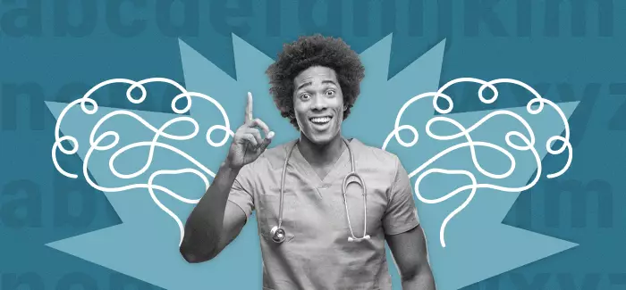 Male nurse exclaiming while pointing upwards with doodles of brains and the alphabet in background.