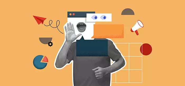 Collage-style photo of a man's body surrounded by speech bubbles, microphones, pie charts, etc. to signify the tools of a brand manager