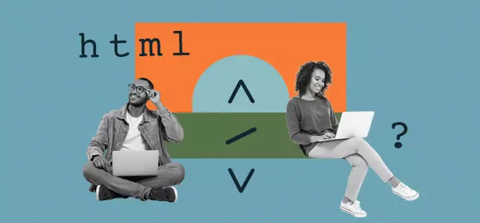 A man and woman working on laptops surrounded by code and questions about whether online  IT degrees are worth it