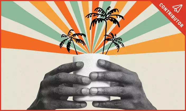 Hands holding up a flower pot filled with palm trees to signify working from anywhere