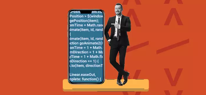 IT manager pointing at an oversized phone that has code on the screen