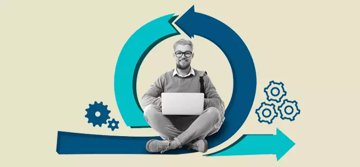 A man sitting crossed legged inside a graphic of arrows and gears, working with scrum methodology.