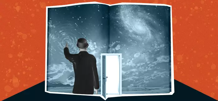 The back of a man's profile pointing out into a universe with galaxies to represent speculative fiction