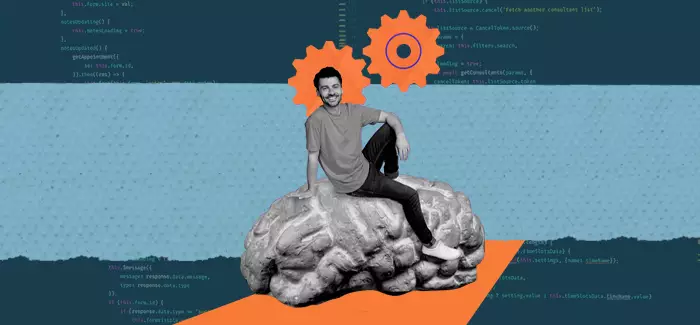 A scrum master sitting on an oversized brain with gears in the background