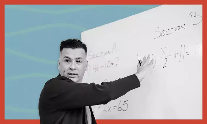 Stylized image of a man teaching in front of a white board