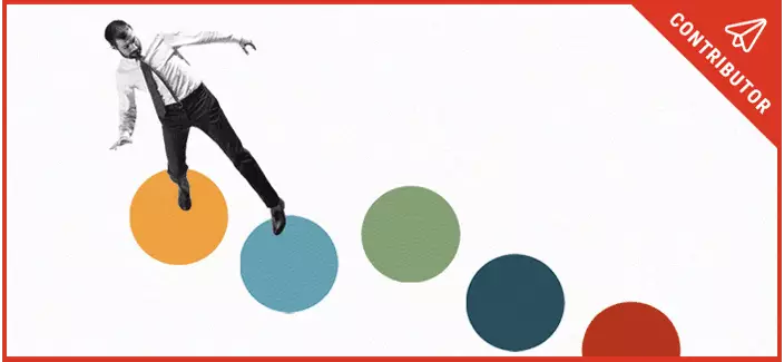 Stylized illustration of a man stepping on colorful circles with "Contributor Blog" listed in the corner
