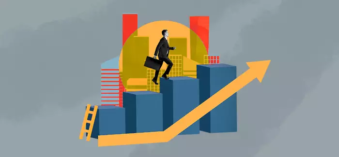 A business man with a brief case walking up blogs to signify business intelligence