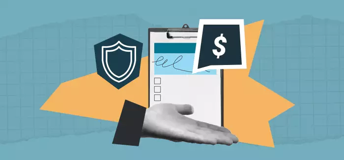 A hand, clipboard, dollar sign and shield to signify the tools used in medical billing and coding