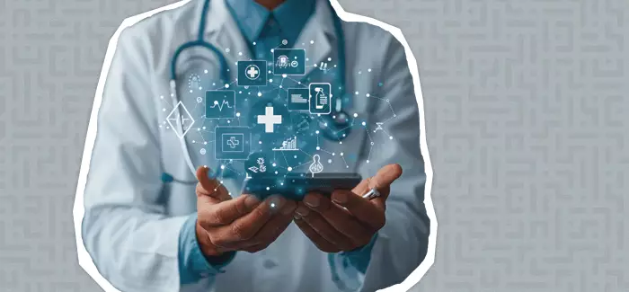 A doctor looking at a tablet that is projecting medical symbols to represent artificial intelligence in nursing