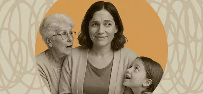 A middle-aged woman pictured with her mother and daughter to represent her place in the sandwich generation