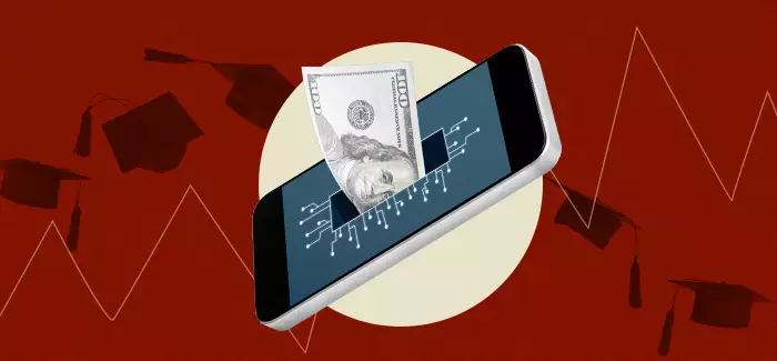 Money being transported into a cellphone to signify finance and technology degree program