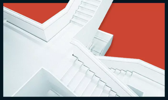 White staircases going upward against an orange background with a black border