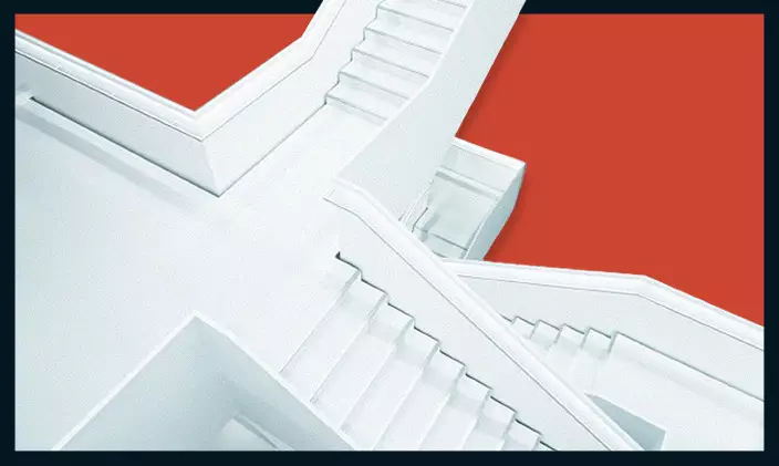 White staircases going upward against an orange background with a black border to signify college degree levels