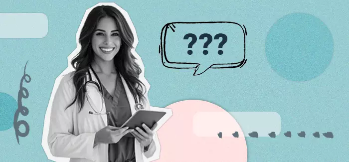 A female nurse holding a tablet and smiling with a speech bubble filled with question marks to signify nursing interview questions and answers