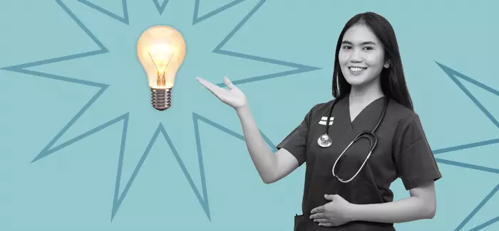 A nurse gestures toward a light bulb signifying the skills needed for her role in nurse management