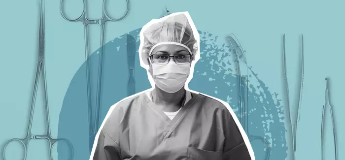 Black and white image of an OR nurse