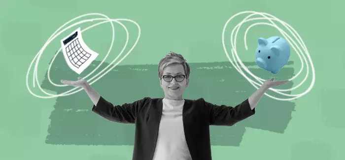 Woman balancing her calendar and piggy bank to symbolize how to plan for retirement