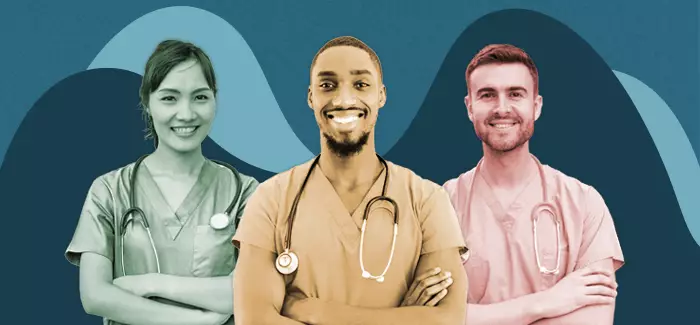 Three nurses in a collage-style image with waves of blue in the background to signify different types of nurses
